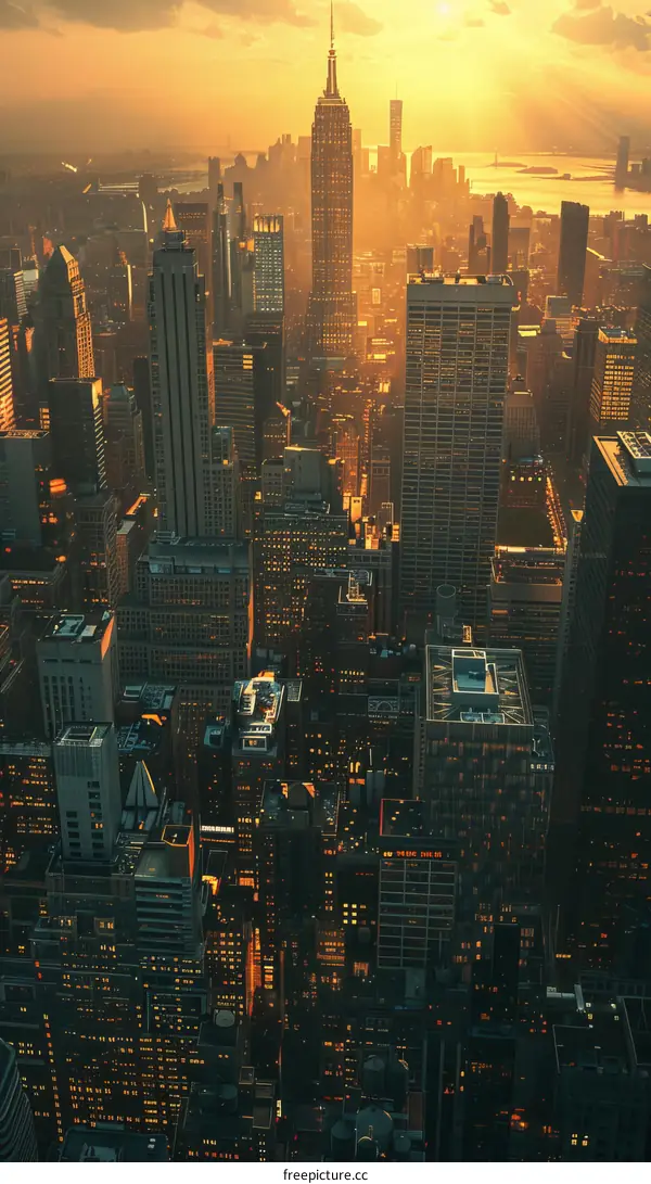 New York City Skyline at Sunset Golden Hour