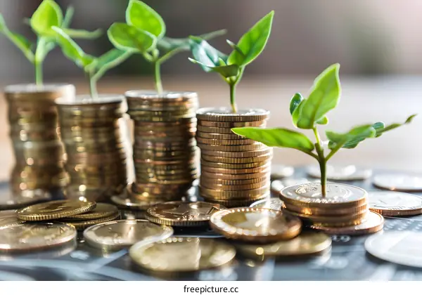 Growing Money Plant on Stack of Coins