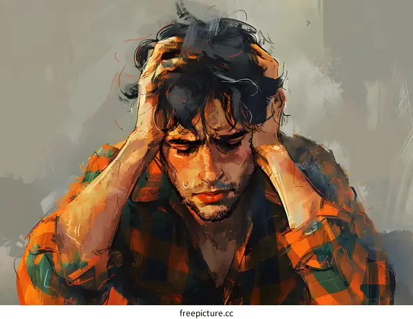 Man in Plaid Shirt with Hands on Head Looking Down