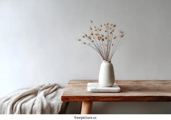 Simple Dried Flowers in a White Vase on a Wooden Table