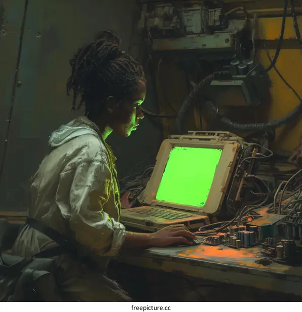 Black woman in a white coat works on a computer in a dimly lit room