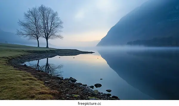 Misty Morning Lake Scenery with Reflection