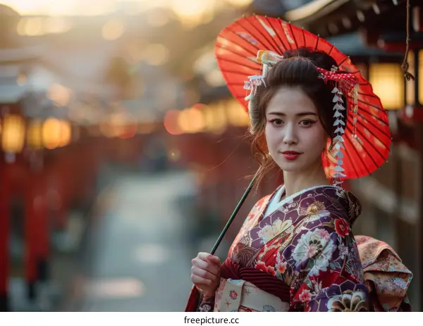 Beautiful Japanese Woman in Traditional Kimono and Red Umbrella
