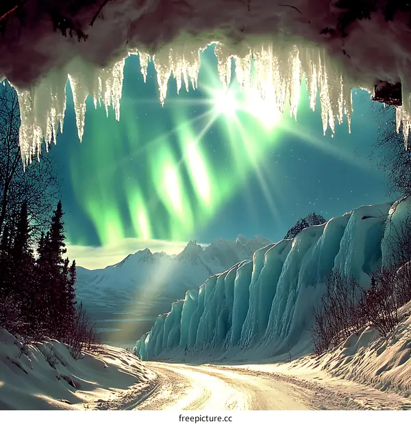Aurora Borealis Shining Through Icicles In Winter Landscape