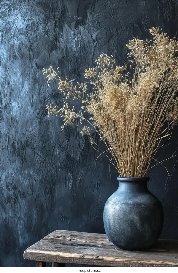 Dried bouquet in a vase on a wooden table
