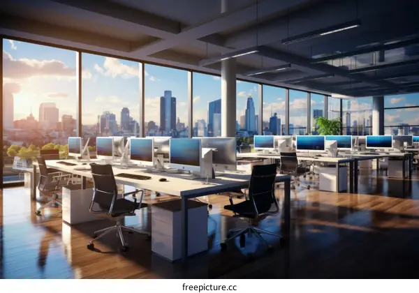 Modern office interior with large windows and city view