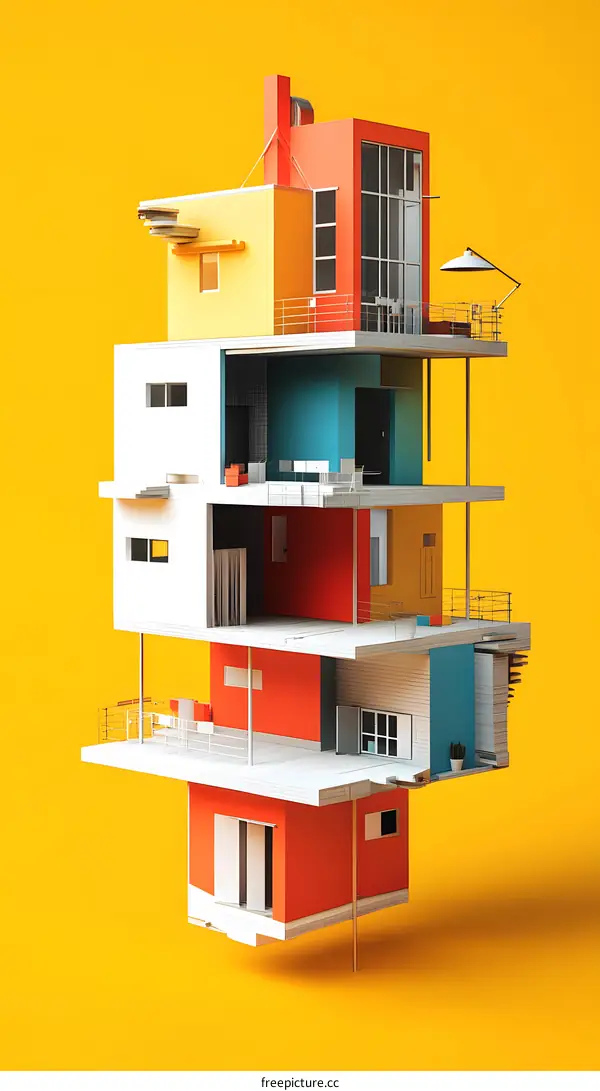 Colorful Modern House Illustration with Yellow Background
