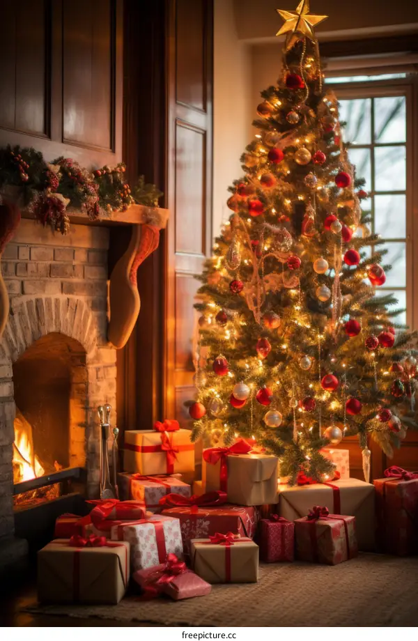 Christmas Decoration in a Living Room with a Fireplace