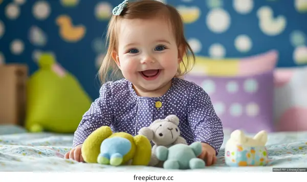 Baby Girl with Soft Toys on a Bed