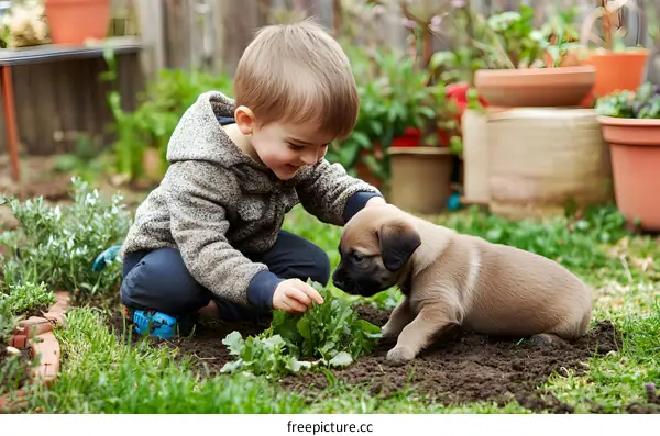 Young Boy Playing with Puppy in Garden