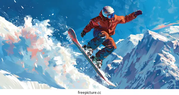 A snowboarder jumps over a snowy mountain, performing extreme winter sports