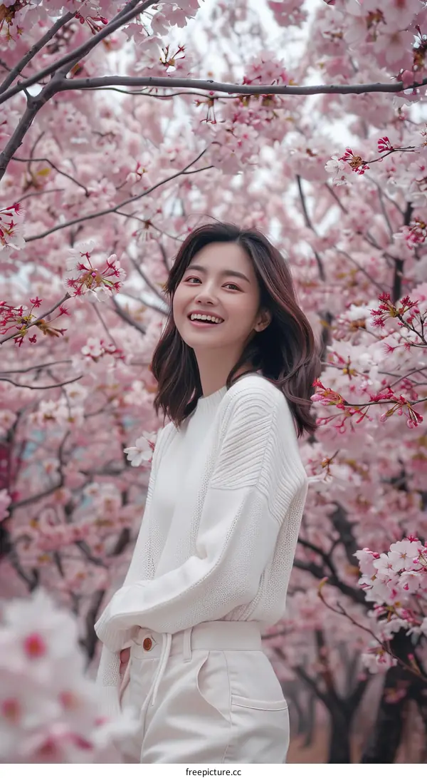 A young woman standing in a field of cherry blossoms