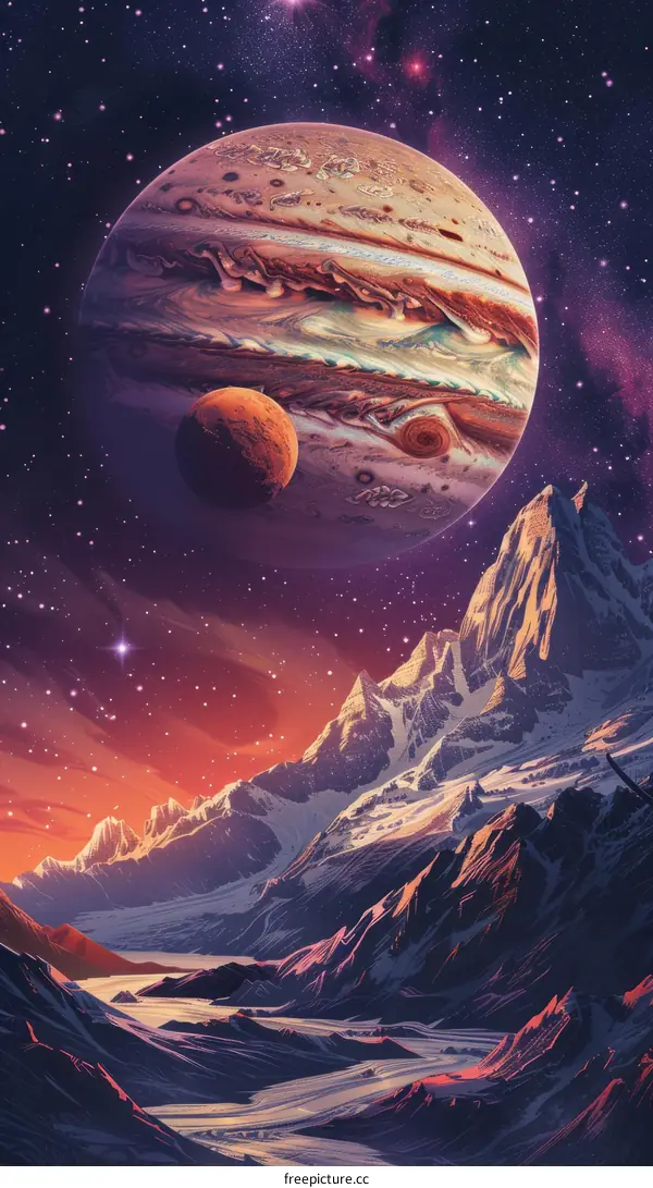 A beautiful painting of a landscape with mountains and a planet in the sky