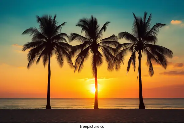 Three palm trees on the beach at sunset