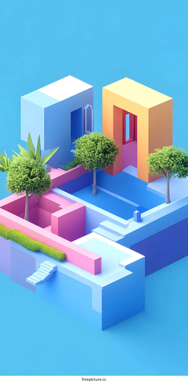 Minimalist 3D Illustration of Geometric Shapes and Trees