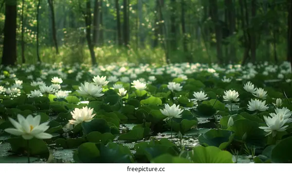 White Lotus Blossoms in a Tranquil Forest Pond