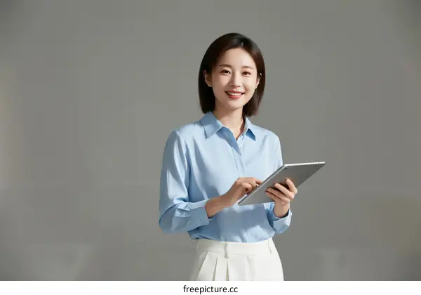 Professional woman using a tablet in a plain background