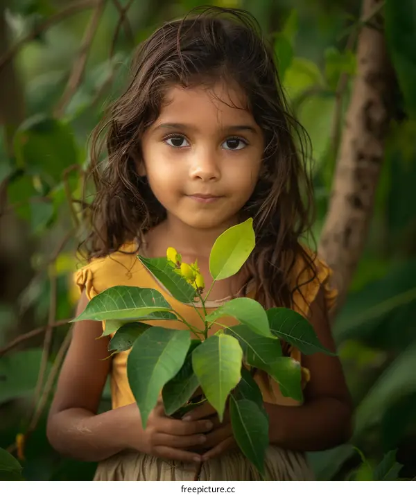 Little girl holding a plant