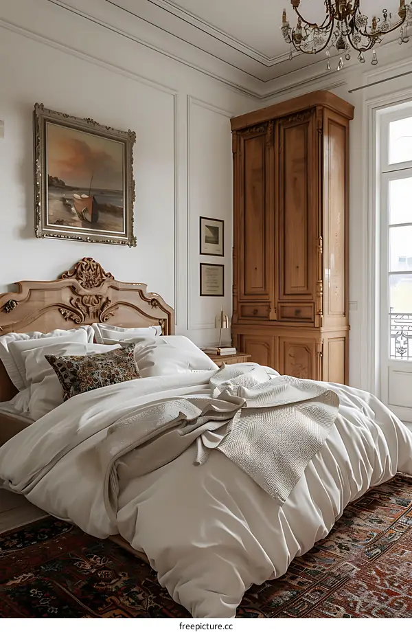 A bedroom with a large wooden bed, a painting, and a large window.