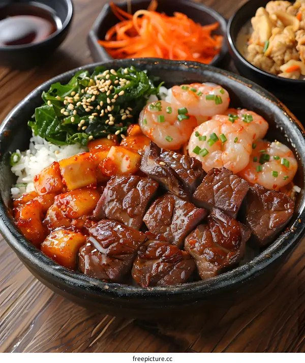 Korean Food Rice Bowl with Beef and Shrimp