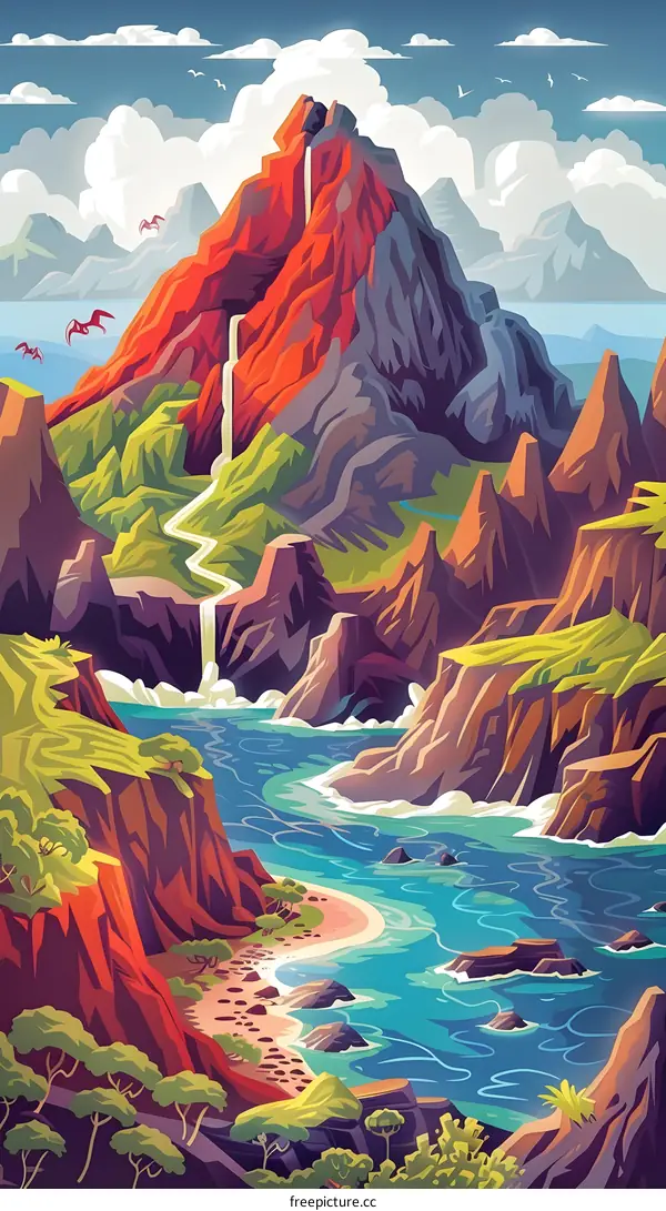 Colorful Mountain Landscape with Waterfall and Ocean