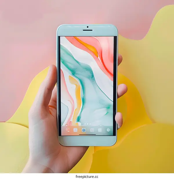 Hand Holding Smartphone with Abstract Wallpaper on a Pink and Yellow Background