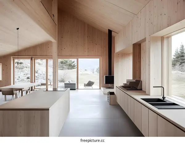 Modern Kitchen Interior Design With Wood Walls and Large Windows