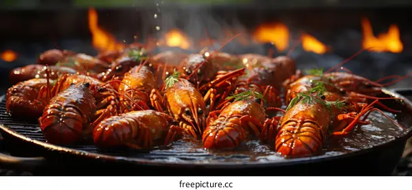 Grilled crayfish on a flaming hot grill