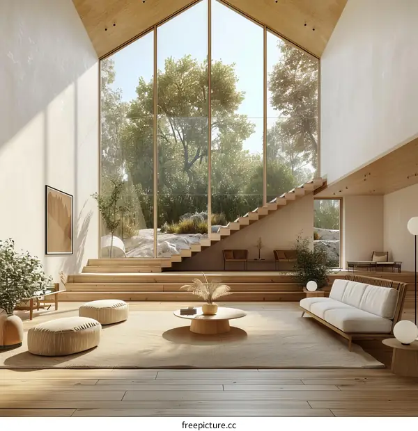 Airy Living Room With Windows and a High Ceiling