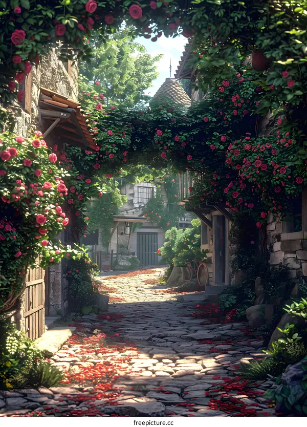Cobblestone Street Adorned with Roses