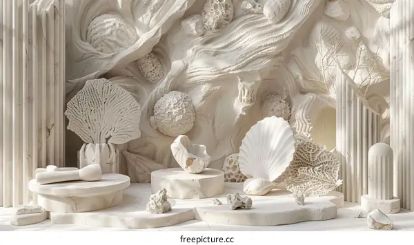 Elegant White Artistic Display of Seashells and Coral