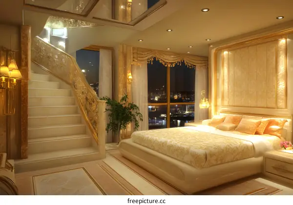 Luxury Bedroom Interior Design with Golden Accents and a View