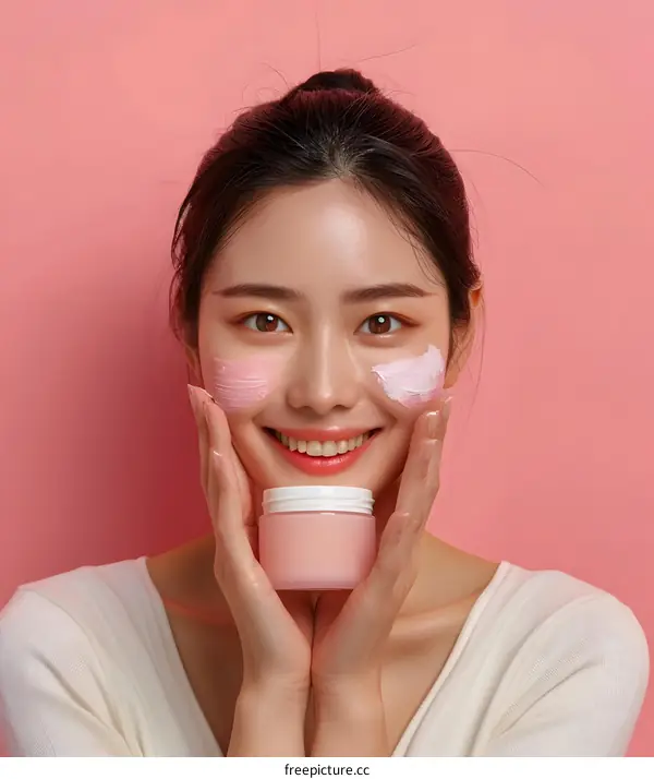 Smiling Woman Holding a Jar of Facial Cream