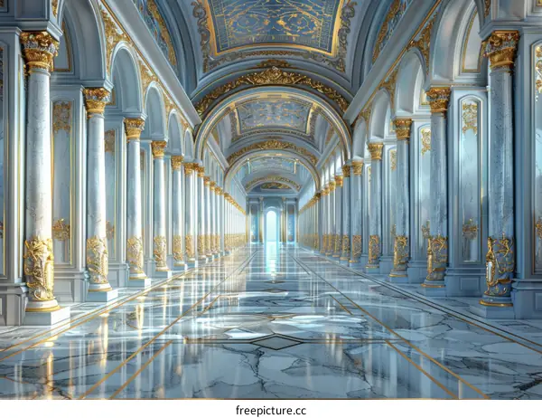 Grand Hallway with Marble Floor and Gold Columns