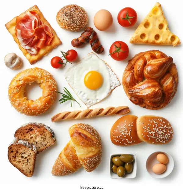 Top view of various breads, eggs, sausage, cheese, tomatoes, and olives