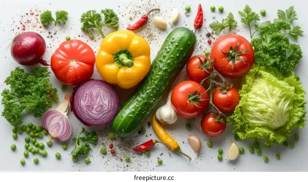A variety of fresh vegetables are arranged on a white background. There are tomatoes, cucumbers, peppers, onions, garlic, lettuce, and spices.