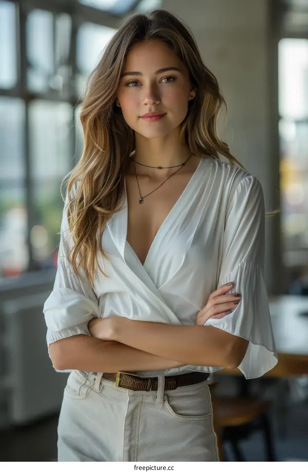 Portrait of a beautiful young woman standing with crossed arms