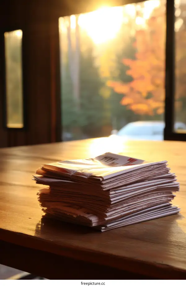 A stack of newspapers on a wooden table with a window in the background