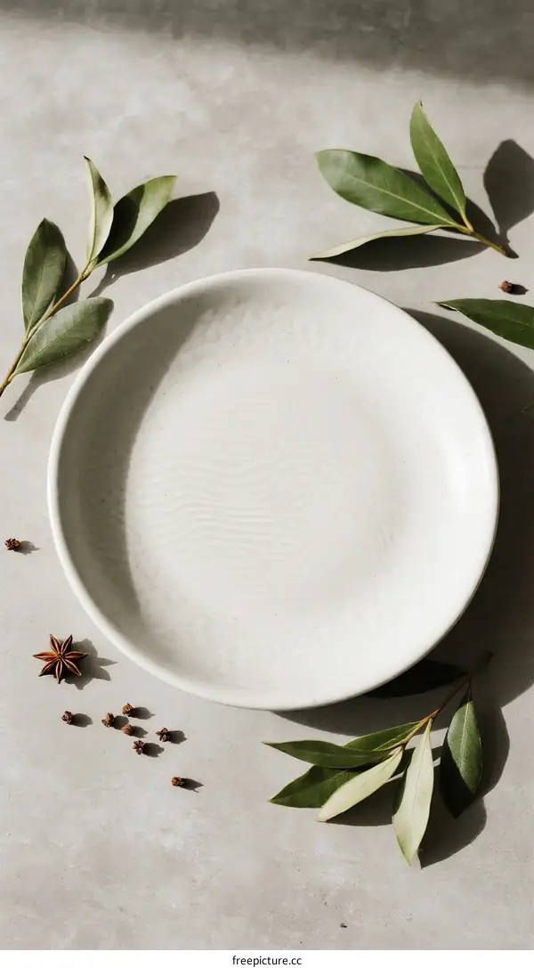 White Ceramic Plate with Green Leaves and Spices on Gray Background