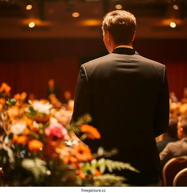 man giving speech at conference