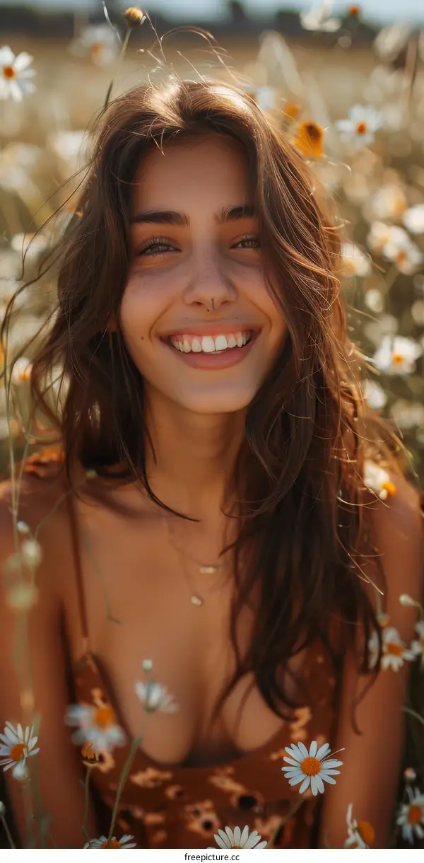 portrait of a smiling young woman in a field of daisies
