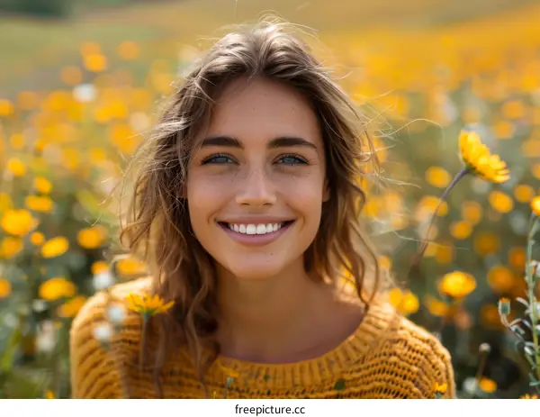 Smiling Woman in a Field of Flowers