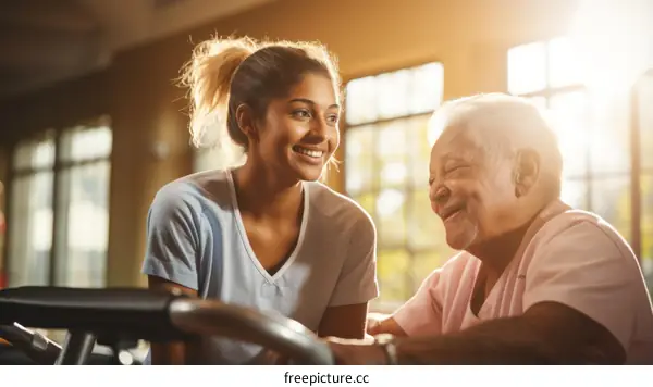 Smiling young woman talking to an elderly woman in a nursing home