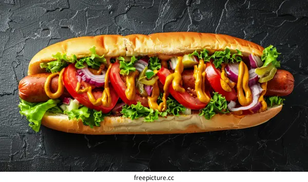 Hotdog with mustard, ketchup, tomato, onion and lettuce
