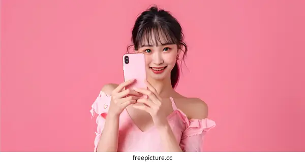 Smiling Asian Woman Taking Selfie With Pink Phone