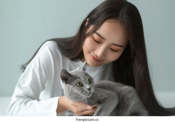A young woman is holding a gray cat