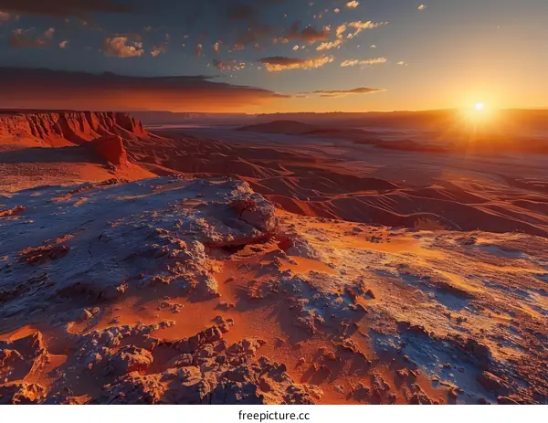 A beautiful sunset over a vast desert landscape