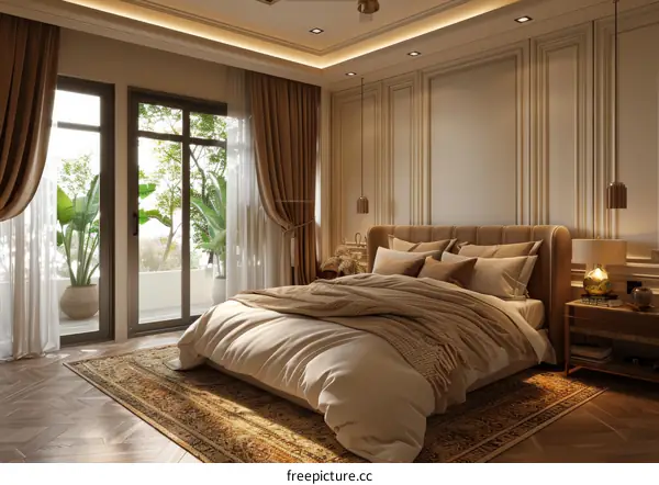 Spacious Bright Neutral-Colored Bedroom with Balcony