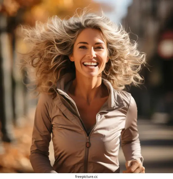 Smiling blonde woman running in the city