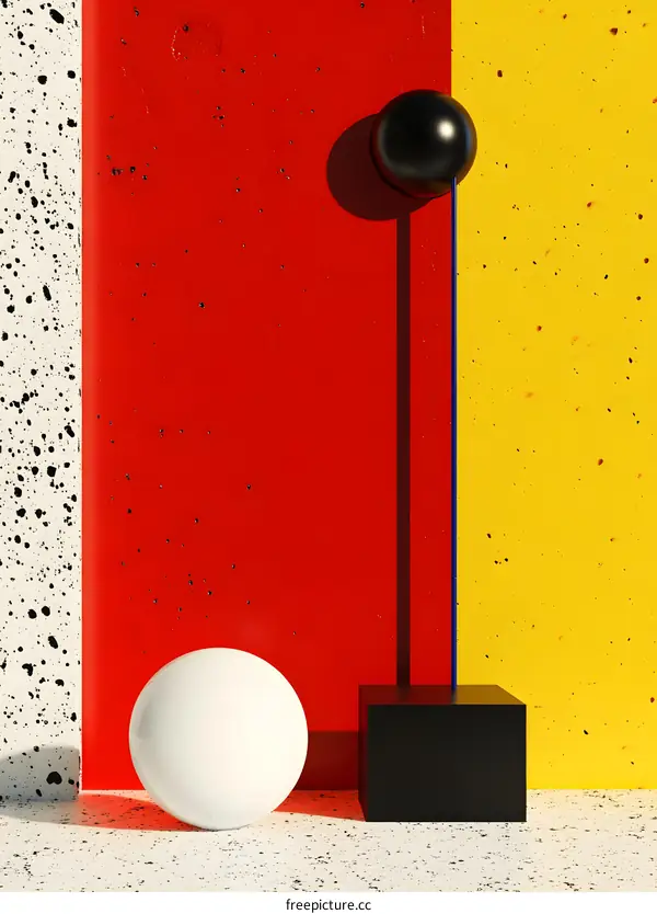 Abstract Minimalist 3D Illustration of Black and White Spheres Against Red and Yellow Background